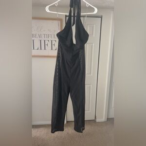 Fashion Nova Black Strapless Halter Jumpsuit with Sheer Panels